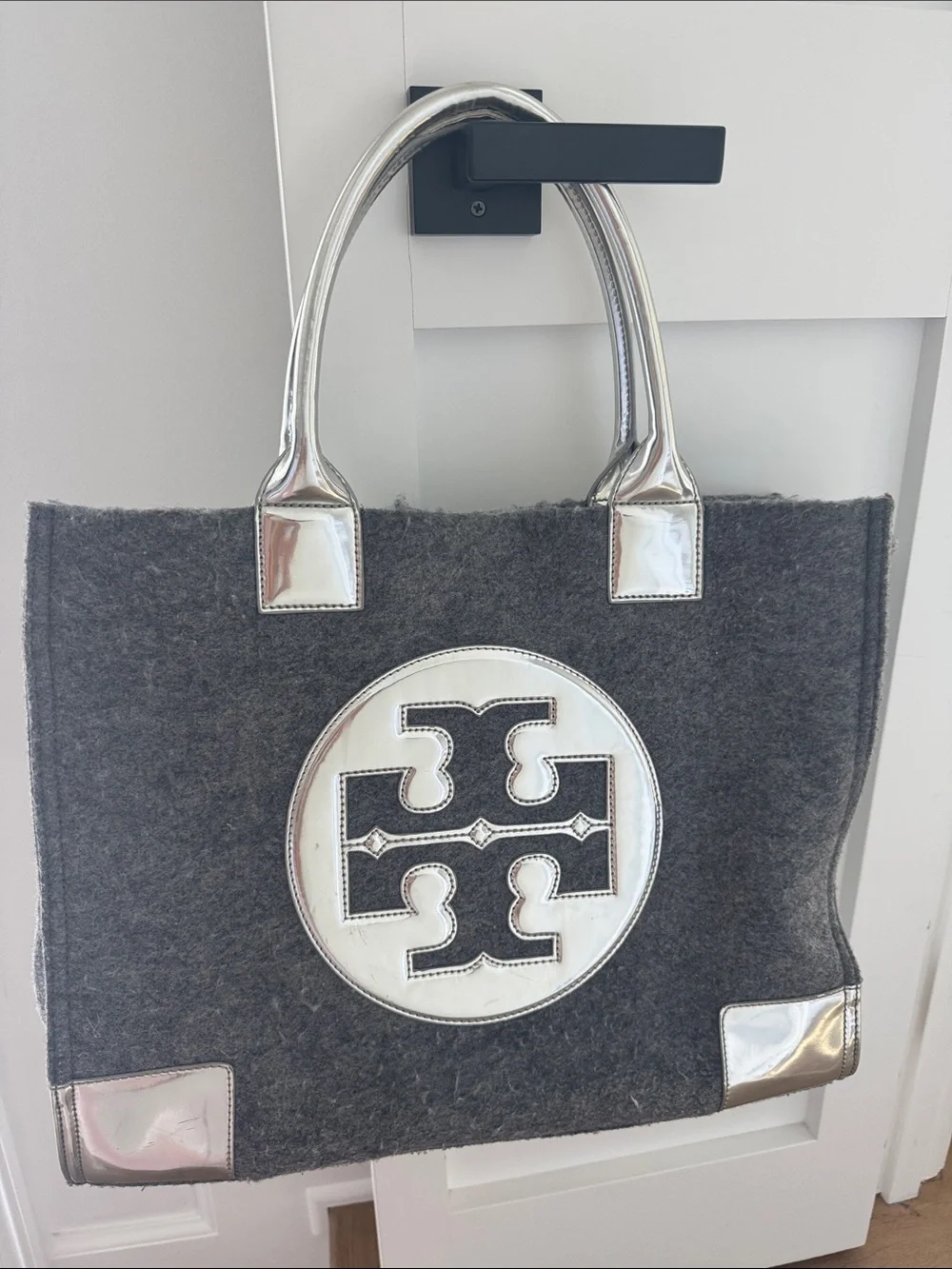 Tory Burch Dark Gray Wool Tote with Silver Logo